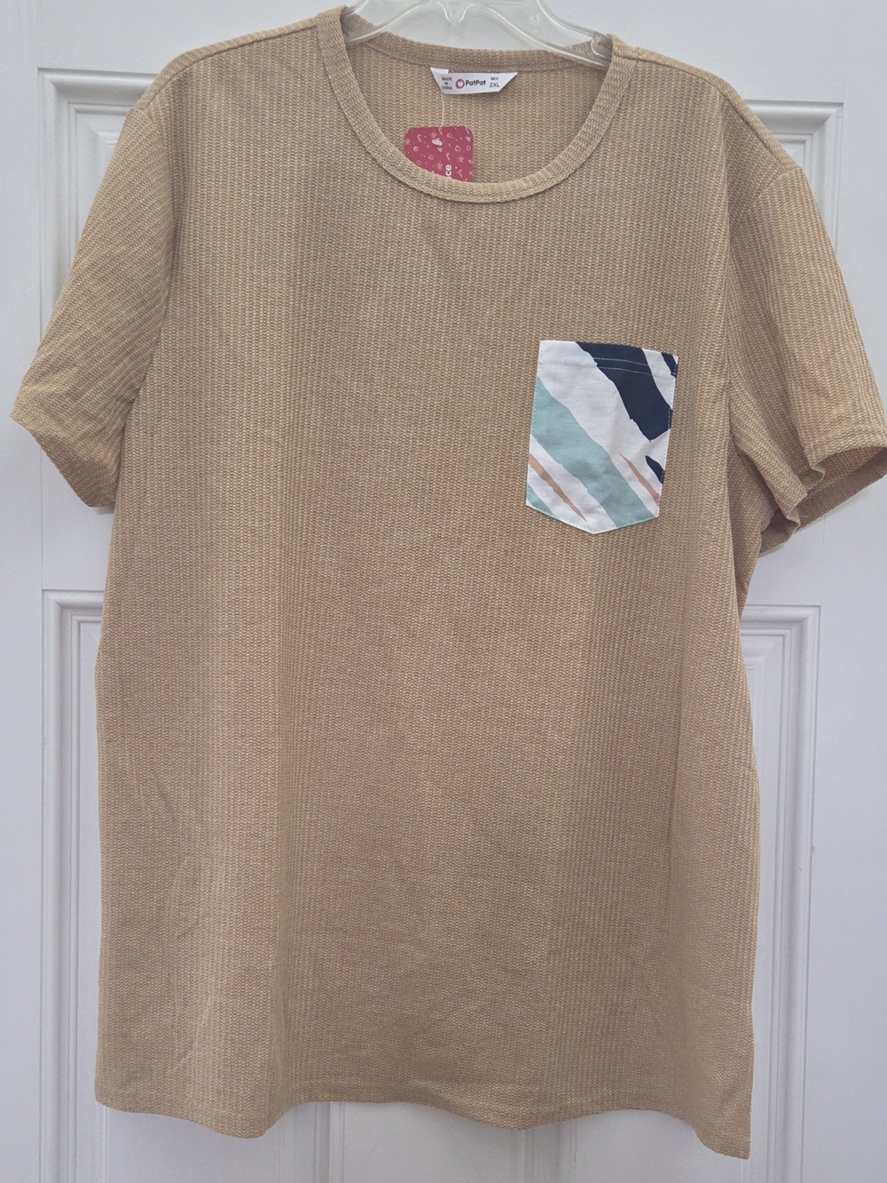 PatPat Family Matching Tan Waffle Knit Tee with Patterned Pocket Navy, Mint, Tan